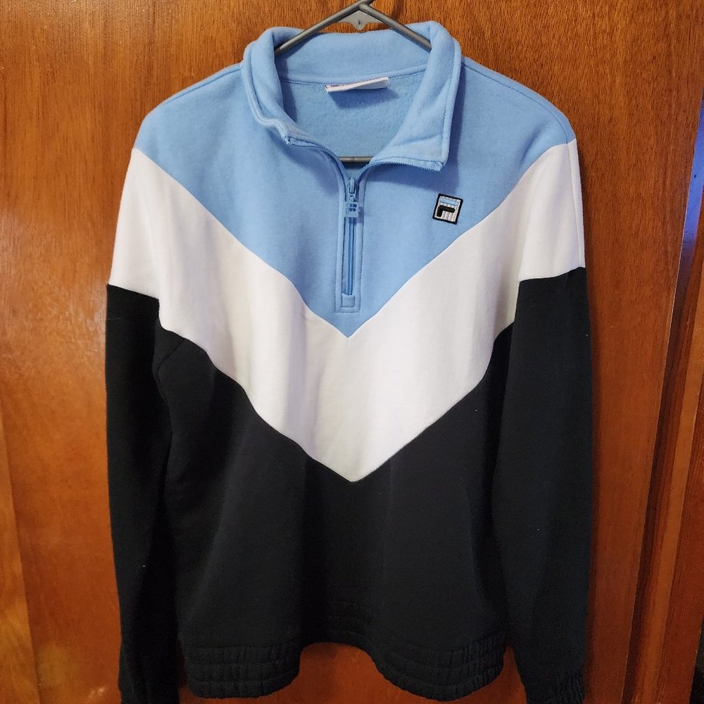 Men's Large Vintage Fila Blue White Black Color Block 1/4 Zip Pullover Sweater